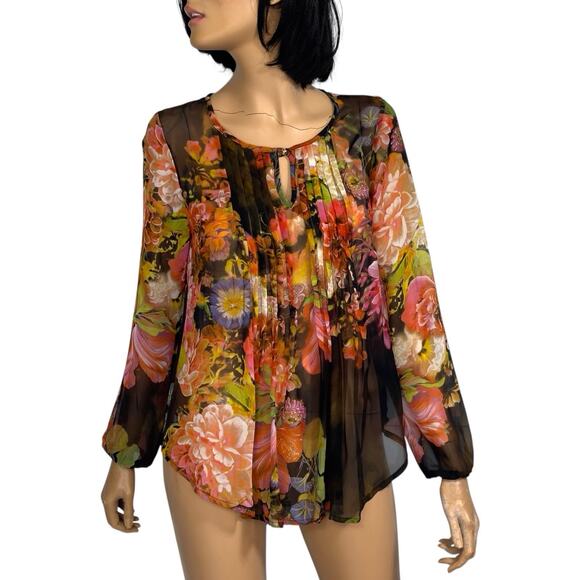 Dark Floral Sheer Blouse S Brown Multi Pin Pleats Fairycore Whimsigoth Ethereal - Picture 2 of 12